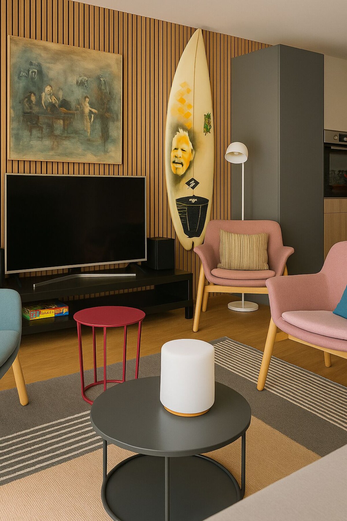 Salon avec télévision, planche de surf décorative, fauteuils roses et tables basses design — La Maison des Coccinelles