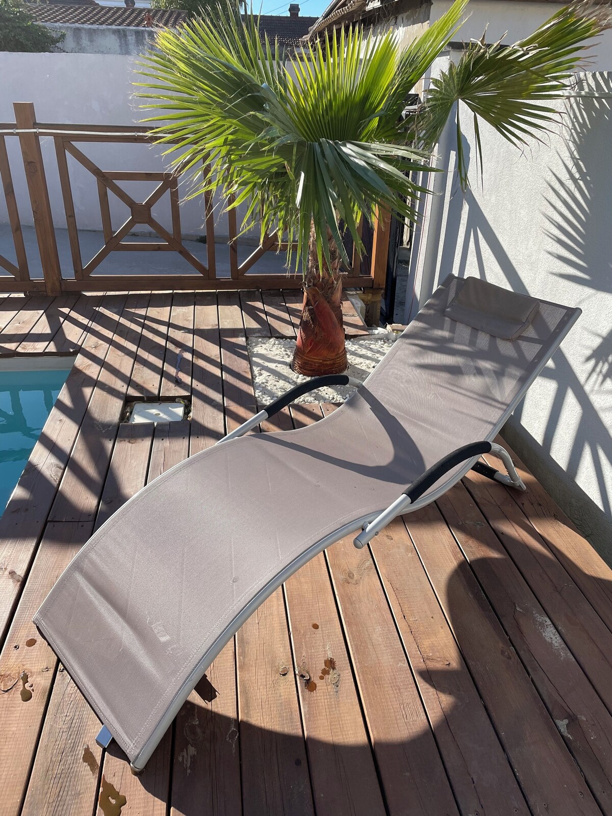 Transat au bord de la piscine avec palmier et terrasse en bois sous le soleil — La Maison des Coccinelles